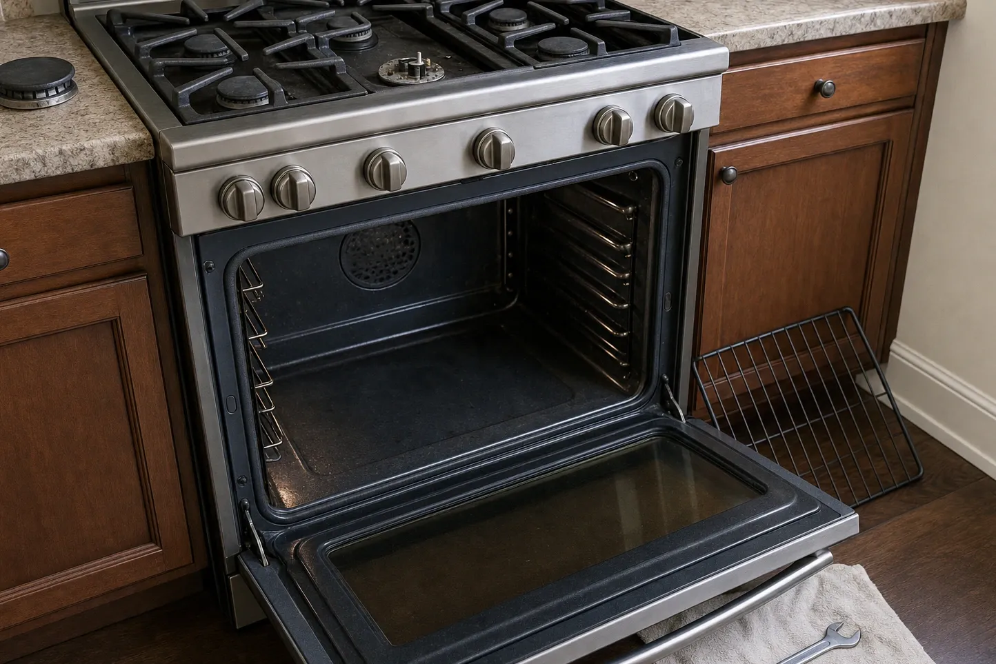 Six-burner gas cooktop with one burner cap removed to show the burner head and igniter, oven door open below