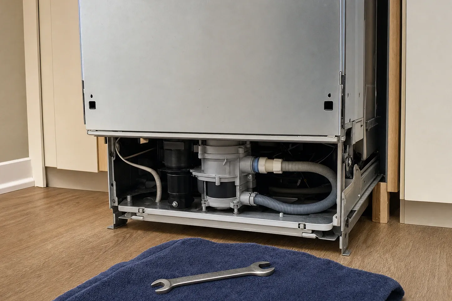 Dishwasher drawn out of its cabinet with the lower panel off, exposing the circulation pump, sump and corrugated drain hose