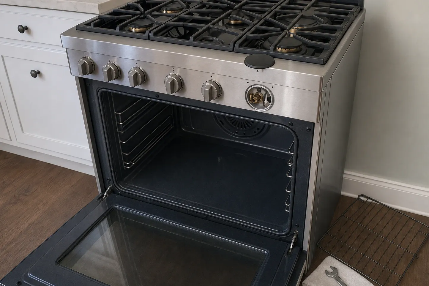 Stainless six-burner gas range with the oven door standing open, one burner cap and a simmer plate lifted off the cooktop